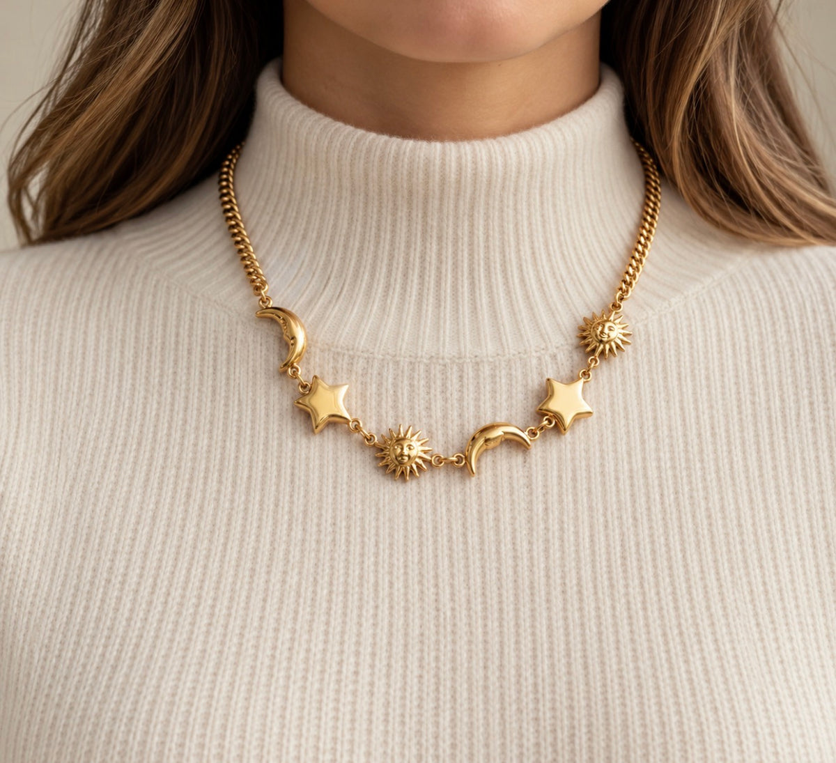Sun, Moon & Star Pendant Necklace – 18K Gold Plated