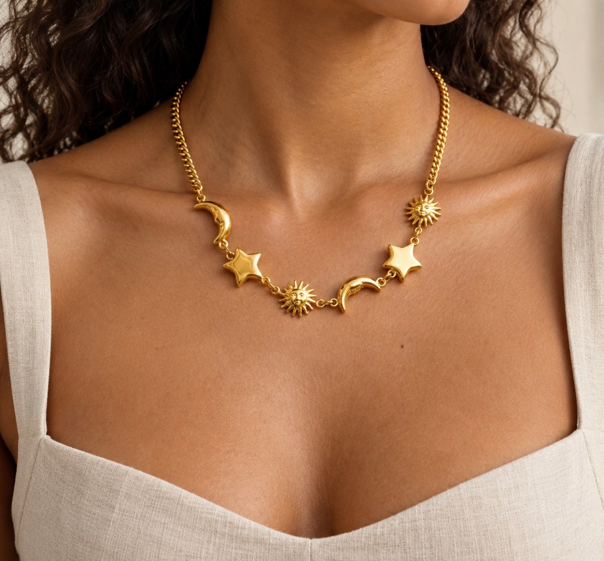 Sun, Moon & Star Pendant Necklace – 18K Gold Plated