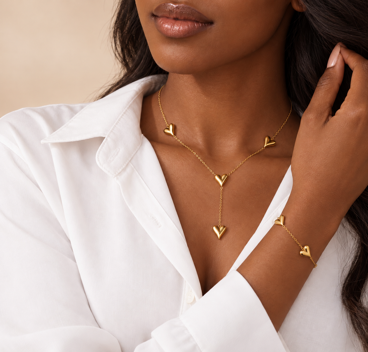Heart Charm Jewelry Set – 18K Gold-Plated Titanium Steel Necklace & Bracelet