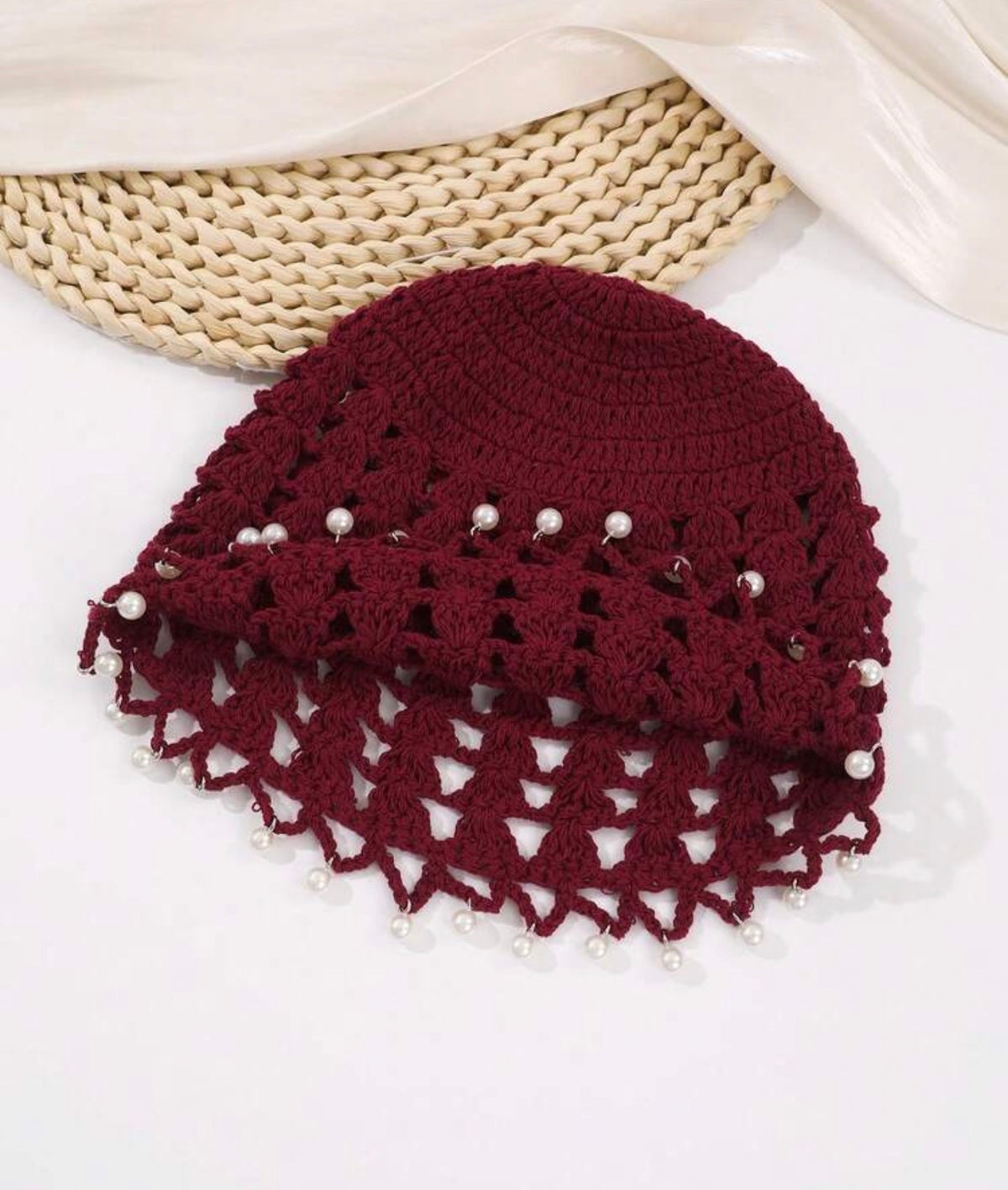 Pearl-Embellished Crochet Bonnet